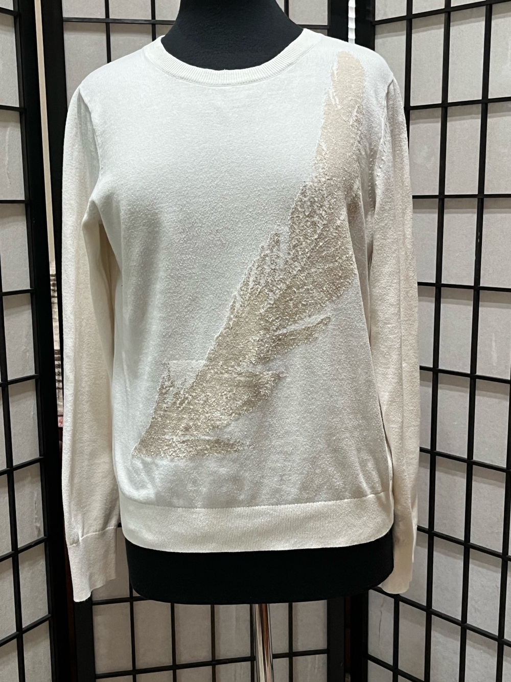 Women's Cream Crewneck Sweater by BASS with Feather Accent WOMEN SIZE L